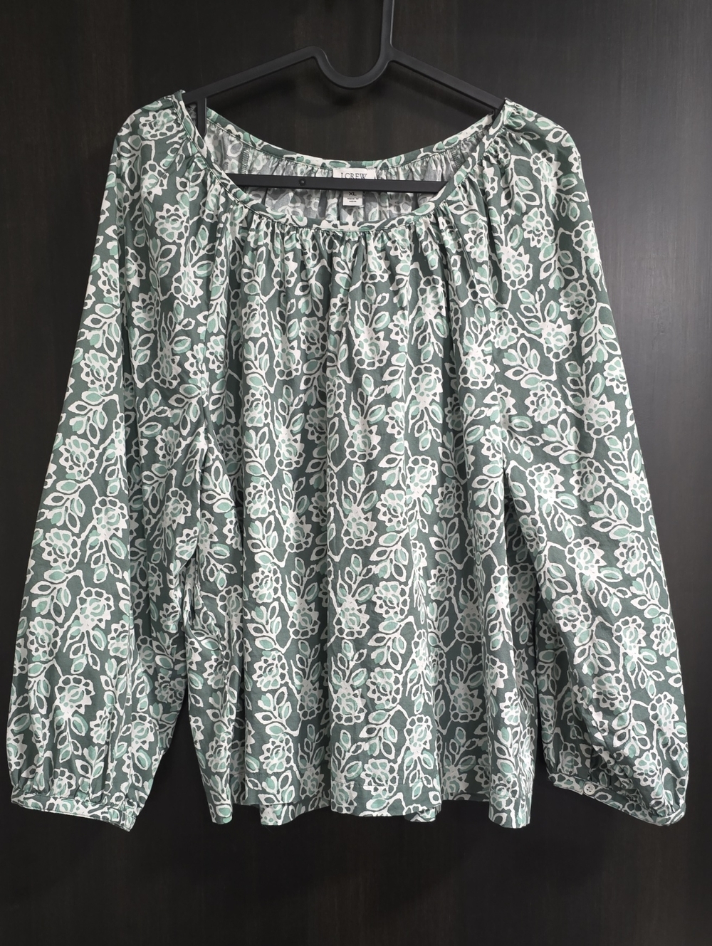 J. Crew Sage Green and White Floral Peasant Top